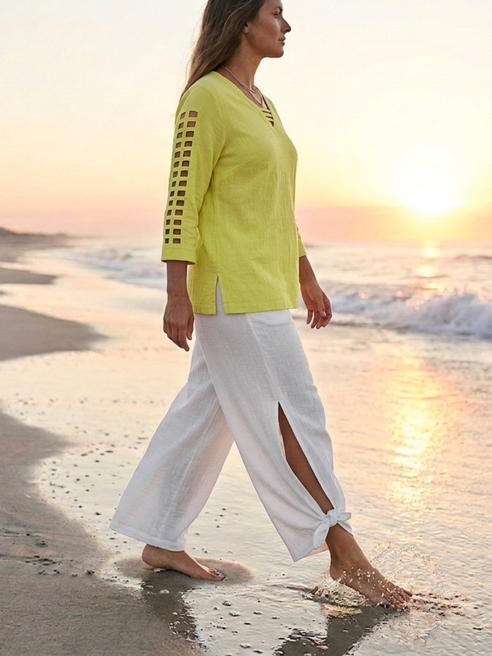 Chartreuse yellow Cutout-Sleeve V-Neck Women's Top 100% cotton beach gauze